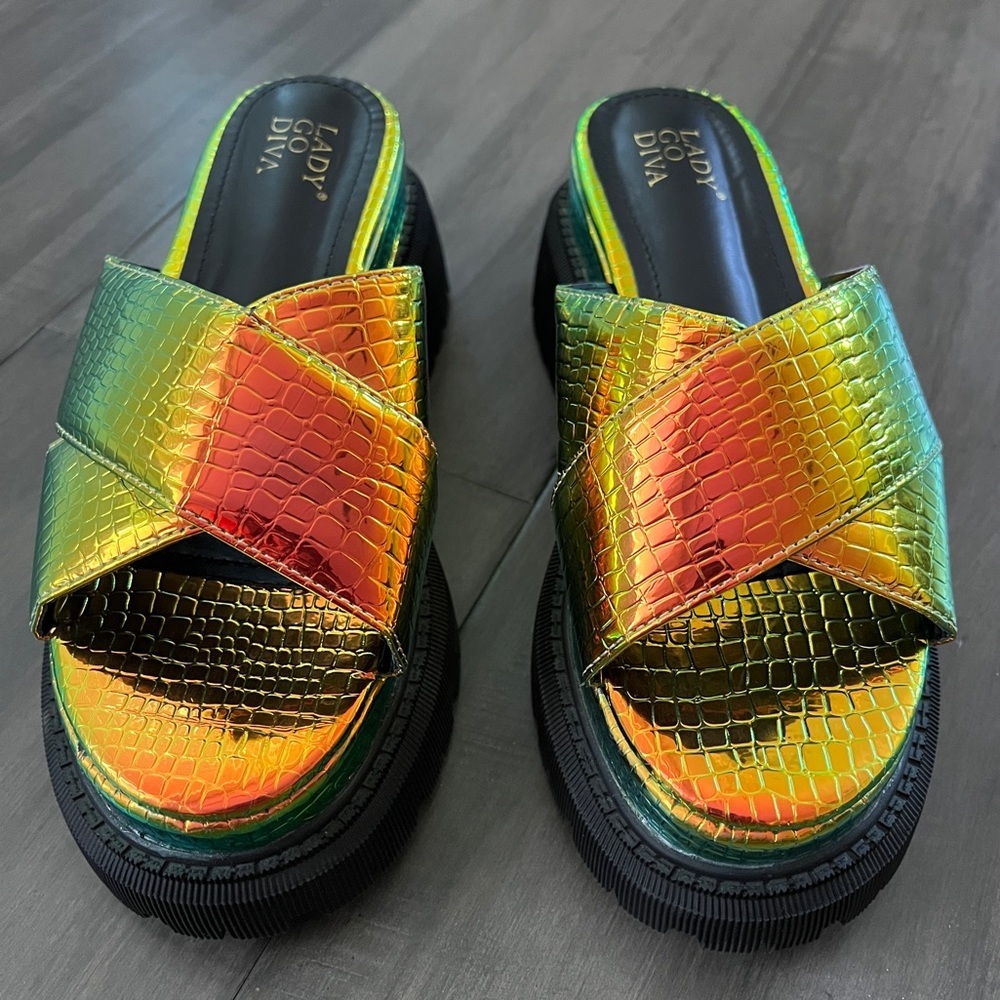 Dolls Kill Iridescent Croc Criss Cross Platform Sandals - Size 6